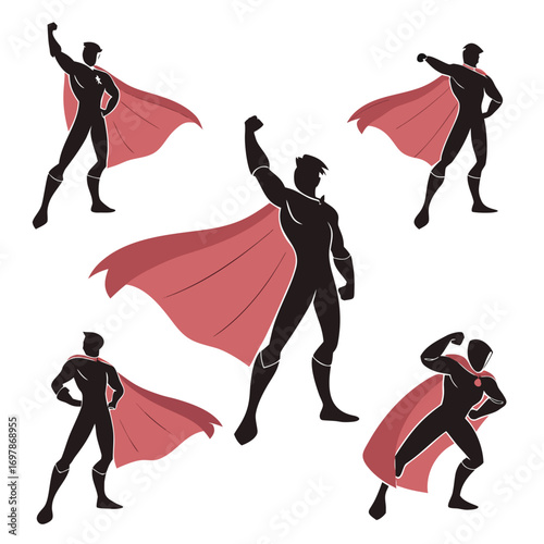 Collection of dynamic silhouette superheroes with flowing capes in various heroic poses against a white background