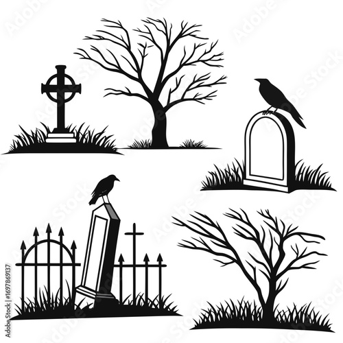 Spooky halloween silhouette collection featuring gravestones bare trees crows and a celtic cross