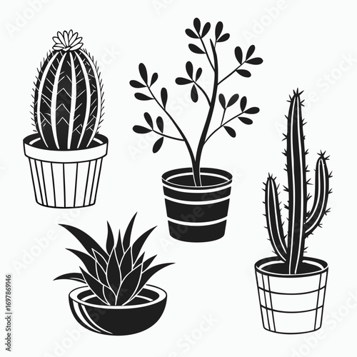 Collection of four stylized black and white potted plants including cacti and succulents on a white background