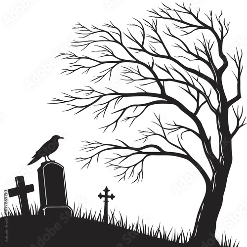 Silhouette of a spooky bare tree with a raven perched on a tombstone in a graveyard