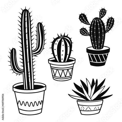 Set of four potted cactus and succulent plants in black and white line art style