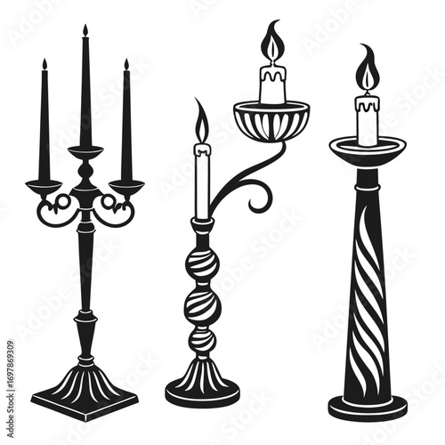 Collection of three elegant black silhouette candle holders with lit candles on a white background