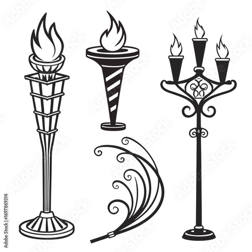 Collection of stylized black and white graphic illustrations of ancient and modern torches and candelabra