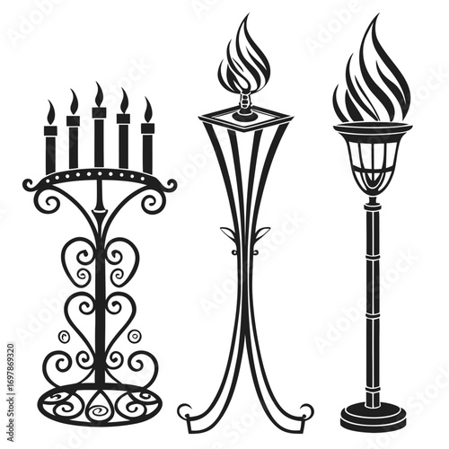 Collection of three distinct black silhouette decorative lighting fixtures including a candelabra and two torches