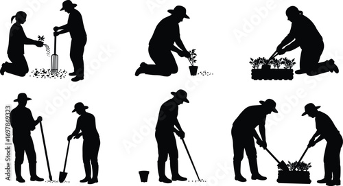 Silhouettes of two gardeners planting, watering, digging, and tending plants with tools, farm work, teamwork, outdoor gardening activities.