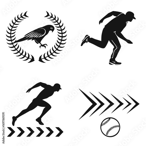 Collection of black silhouette icons representing sports and achievement including a bird in a laurel wreath and running athletes