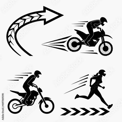 Dynamic silhouettes of motocross riders and a runner in motion with speed lines and arrows