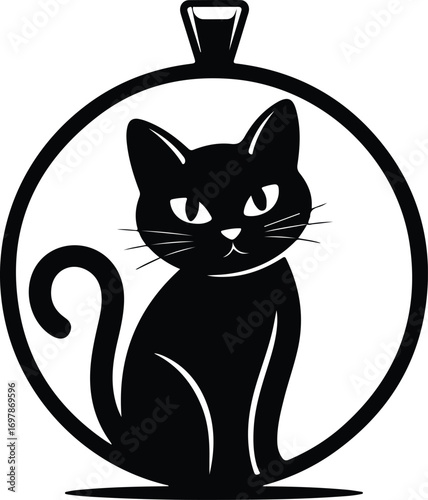 Mysterious black cat in ornamental circle emblem design