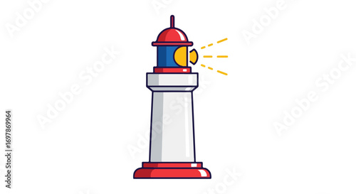 Stylized Vector Illustration of a Red and White Lighthouse Emitting Guiding Light Across Open Waters