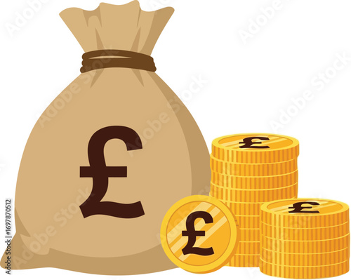 Money bag with pound sterling coins symbolizing wealth financial success investment and savings concept vector