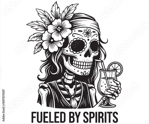 Fueled by Spirits Day of the Dead Girl Skull Illustration