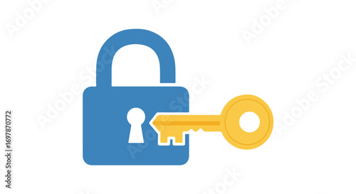 Vibrant blue padlock and gold key unlock illustration, symbolizing security and access in digital age representation
