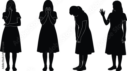 Silhouettes of Woman Showing Various Emotions and Gestures, Including Sadness, Shame, and Greeting, Isolated on White Background