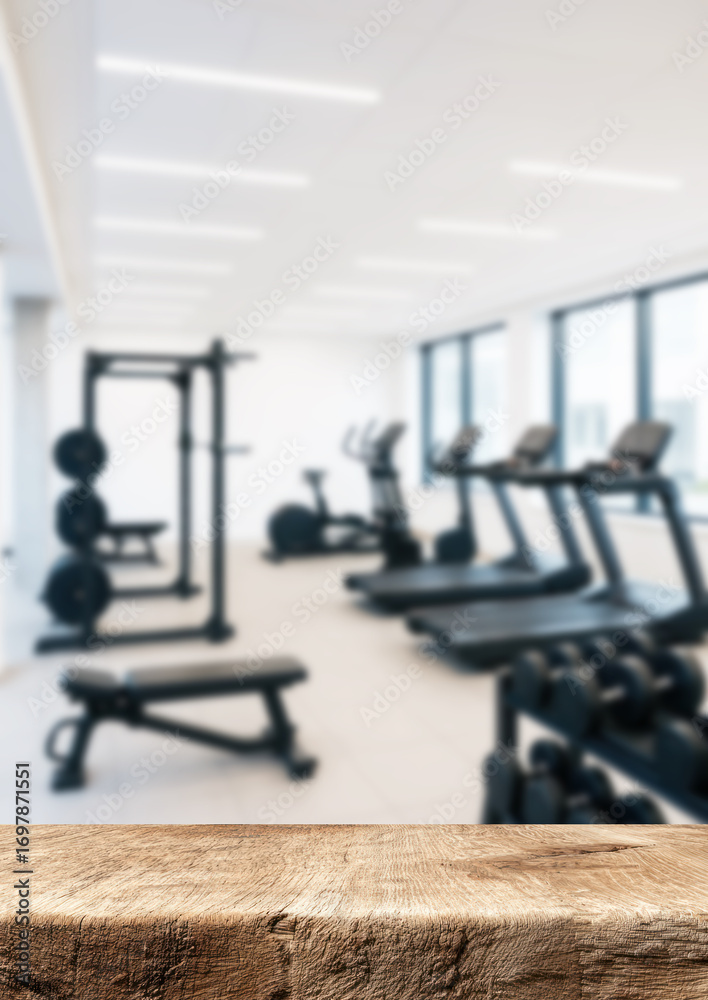Fototapeta premium fitness sport gym weight center interior background and wooden table top for product display
