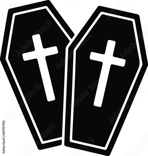 Two coffins with crosses, black and white icons