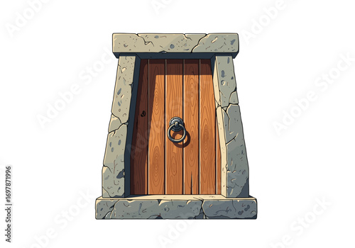 Ancient stone entrance with wooden door and metal knocker detailed pixel art illustration