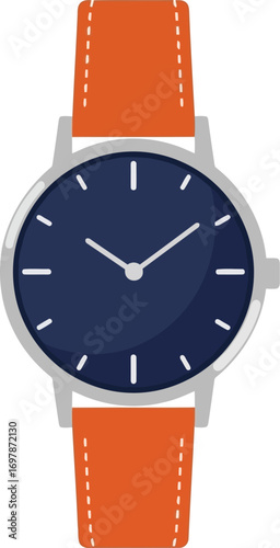 Stylish modern wristwatch dark blue face orange leather strap accessory vector