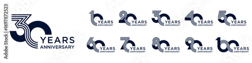 collection anniversary 10 to 100 year logo designs. abstract number for celebration event, wedding, greeting card, and invitation, vector illustration