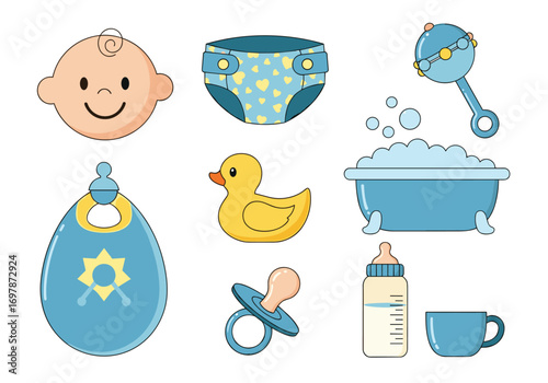 Collection of adorable baby essentials for new parents and newborns including feeding and bathing items