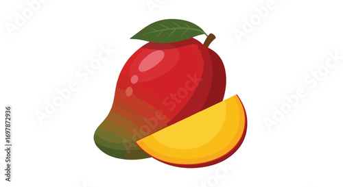 Vibrant Cartoon Illustration of a Whole and Slice of Mango Fruit, Exuding Tropical Sweetness and Dietary Richness