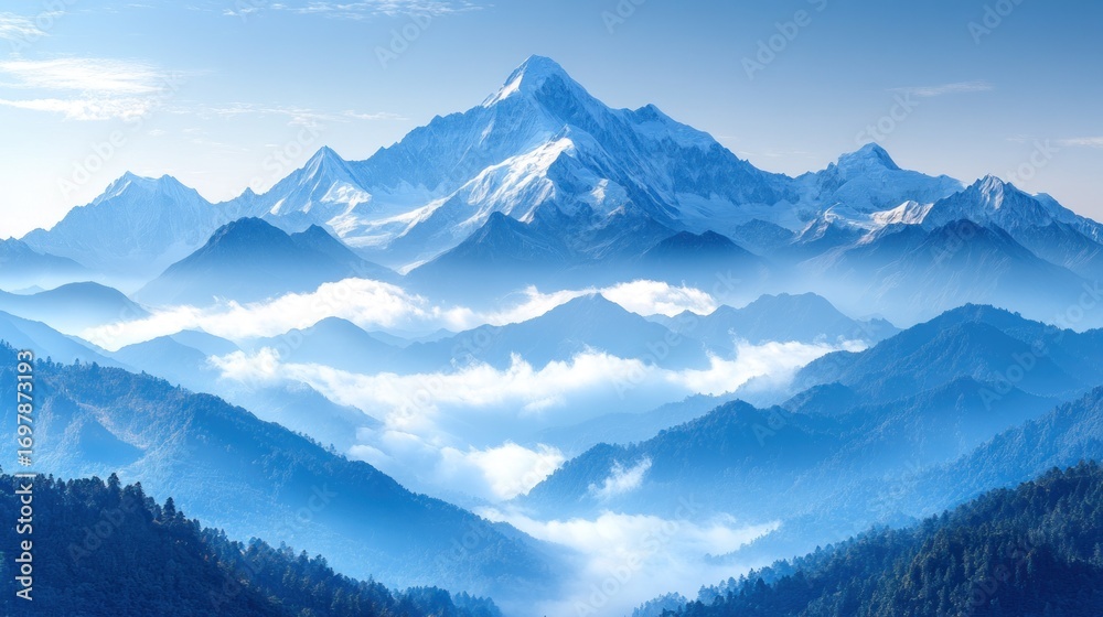 Obraz premium Majestic mountain range, misty blue valleys, snow-capped peak