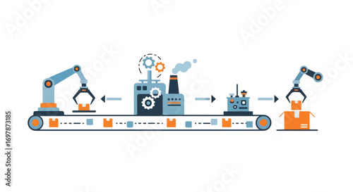 Automated manufacturing production line with robotic arms and conveyor belt system for streamlined efficiency process