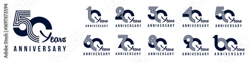 collection anniversary 10 to 100 year logo designs. abstract number for celebration event, wedding, greeting card, and invitation, vector illustration