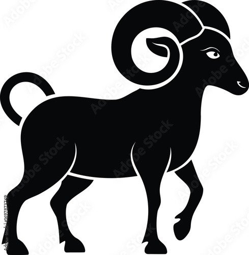 Silhouette of a charging ram with curled horns.