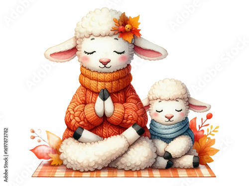 Lambs doing yoga, sport in watercolor style, mother and baby sitting on a mat, wearing a scarf and sweater, for packaging, cards and graphic design. Vector.