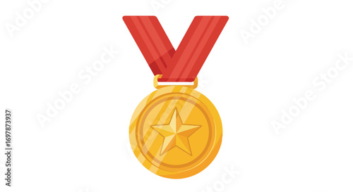 Golden star medal with red ribbon, symbolic of success and achievement, isolated on white backdrop