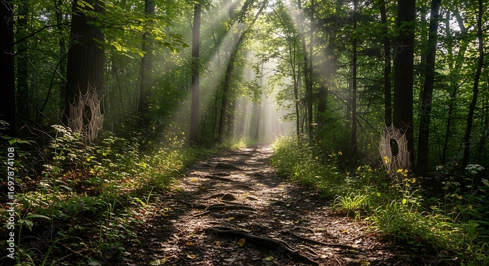 Naklejka premium Sunlight filtering through leaves in a misty woodland nature scene