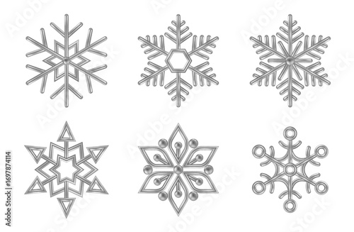 3d Silver Snowflakes Set. Ice realistic Merry Christmas decoration isolated on white background. Xmas Icons Vector illustration. Snow flake shape bauble, Happy New Year winter symbol