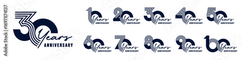 collection anniversary 10 to 100 year logo designs. abstract number for celebration event, wedding, greeting card, and invitation, vector illustration