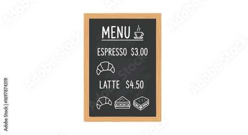 Rustic chalkboard menu featuring coffee beverages and pastry illustrations offers a charming vintage cafe ambiance for menu displays