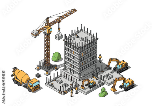 Modern isometric construction site featuring tall building under development with heavy machinery and workers engaged in building process