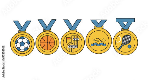 Assortment of Gold Medal Awards Representing Varied Sports Disciplines Displayed Side-by-Side on a White Field