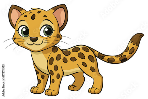Cute Cartoon Leopard Cub Standing Still with Big Green Eyes on White Background