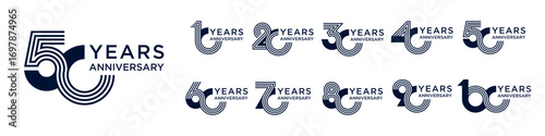 collection anniversary 10 to 100 year logo designs. abstract number for celebration event, wedding, greeting card, and invitation, vector illustration
