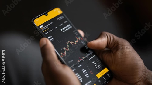 Trading activity in financial markets using a smartphone at home while analyzing real-time data