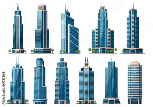 Modern cityscape towers featuring sleek architectural designs and glass facades with urban landscape elements