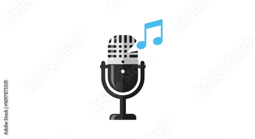 Retro Microphone Illustration with Musical Note Emphasizing Audio Technology and Entertainment Broadcast Concept