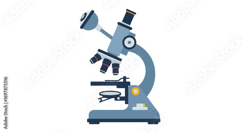 A detailed flat vector illustration of a microscope, emphasizing its intricate design and scientific purpose for educational content