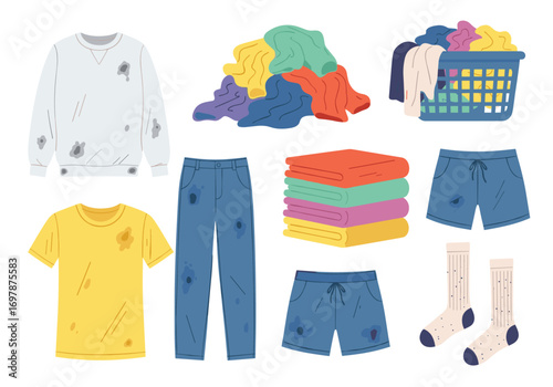 Collection of different dirty laundry items and a laundry basket for washing clothes after use