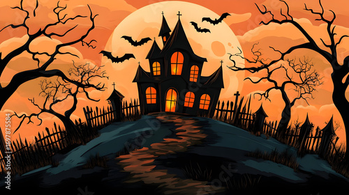 Spooky cartoon haunted house on hill with glowing windows and full moon for halloween design