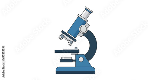 Stylized blue microscope illustration for educational resources and scientific presentations featuring clinical precision equipment and biology tools