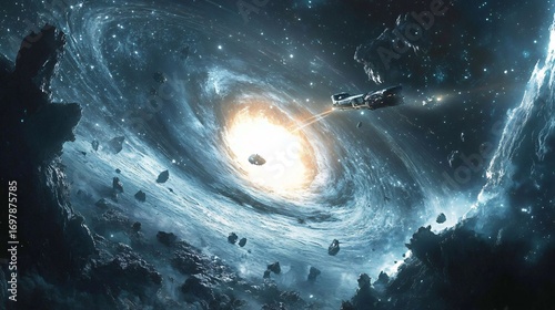 Fototapeta Naklejka Na Ścianę i Meble -  energy beam shooting from moon base into galaxy core, spacecrafts flying around, cinematic depth, ultra-realistic sci-fi concept art