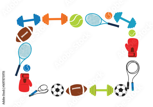 A colorful assortment of sports equipment arranged in a decorative border design