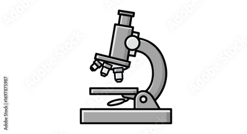 Cartoon illustration featuring a gray microscope, symbol of scientific research and education exploration for school and laboratory