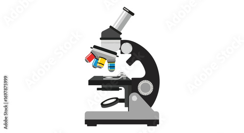 Illustration of a Stylized Microscope with Colored Lenses Isolated on a White Background for Scientific or Educational Purposes