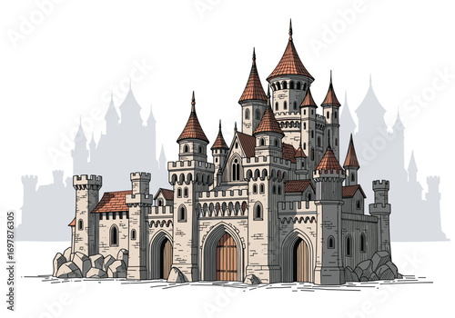 Majestic stone fortress with towering spires and grand arched gateways standing proudly against a backdrop of ancient fortifications